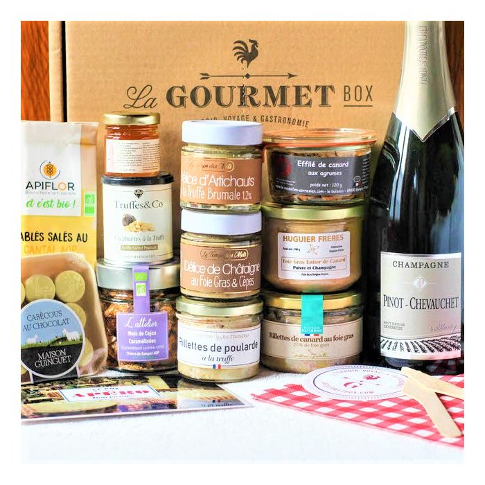 Panier gourmand Noël - composition de vins, chocolats, foie gras